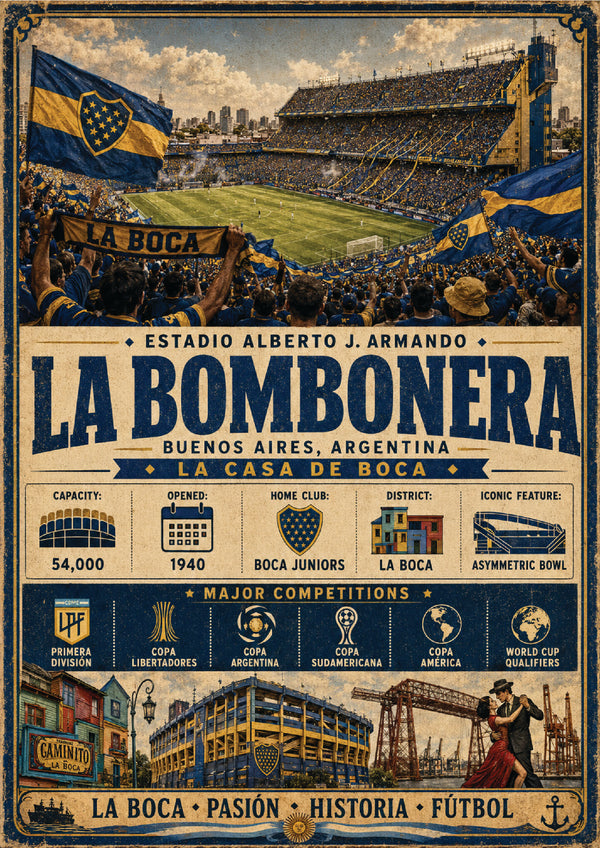 La Bombonera Stadium Vintage Travel Poster – Buenos Aires Argentina Football Stadium Wall Art Print – Alberto J. Armando Stadium Artwork