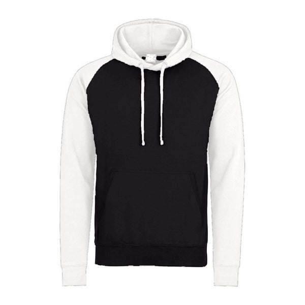 Plain black and white personalised leavers baseball hoodie before printing, on a white background