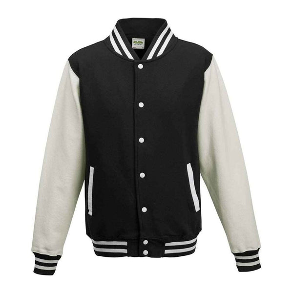 Plain black and white personalised leavers varsity jacket before printing, on a white background