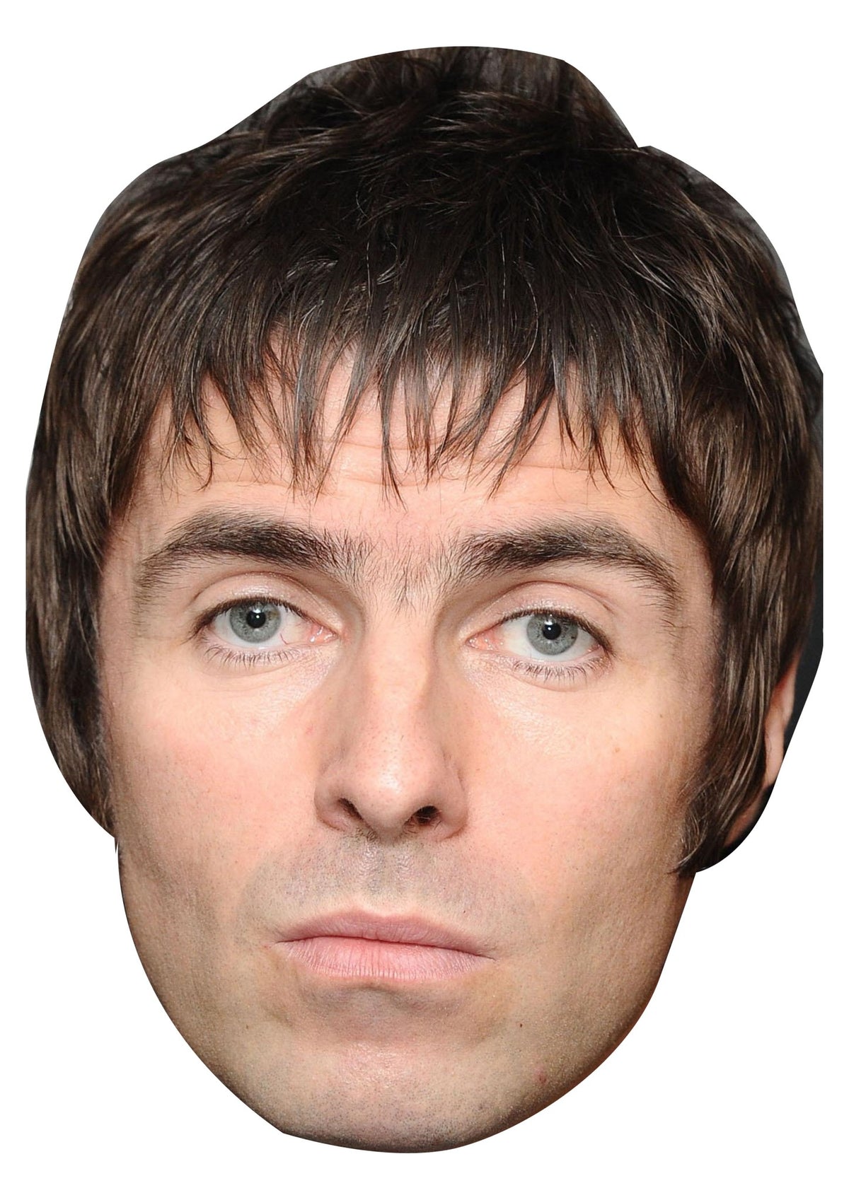 Liam Gallagher face mask – printed cardboard celebrity face mask on a white background, front view