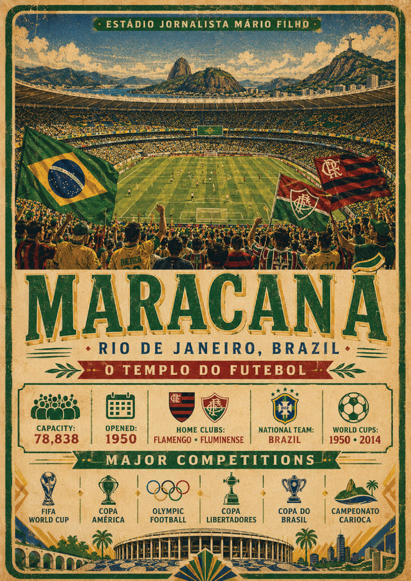 Maracana Stadium Vintage Travel Poster – Rio de Janeiro Brazil Football Stadium Wall Art Print – Estádio Jornalista Mário Filho Artwork