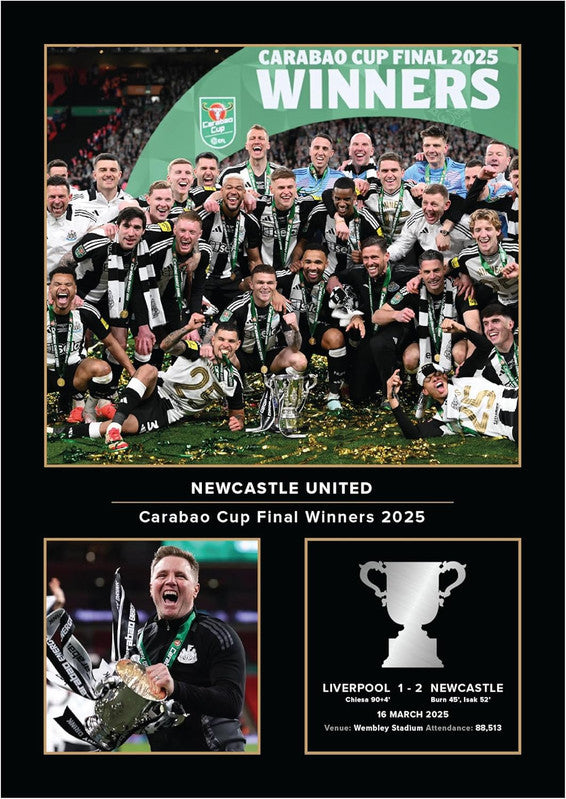Newcastle United Carabao Cup 2025 Printed Signature Poster Print – Wembley Trophy Celebration Wall Art with Team Photo – Reproduction Print