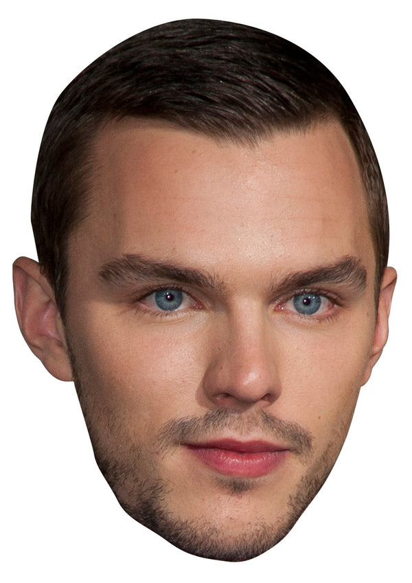 Nicholas Hoult face mask – printed cardboard celebrity face mask on a white background, front view