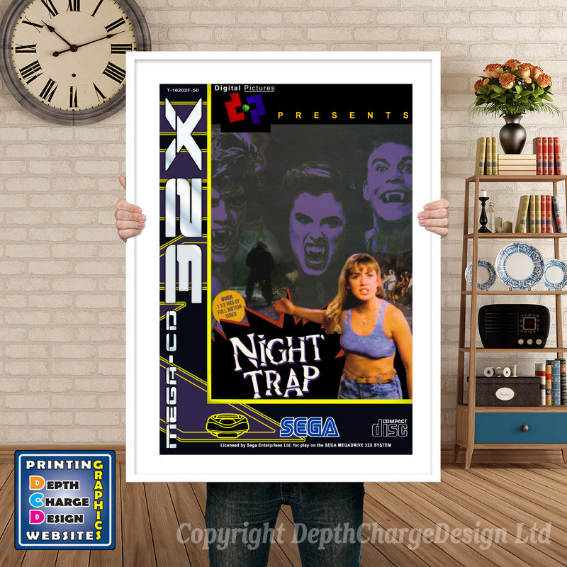 Night Trap Eu Sega Sega Mega CD Inspired Retro Gaming Poster A4 A3 A2 Or A1 – Night Trap Eu Sega Mega CD inspired retro gaming poster shown in a white frame