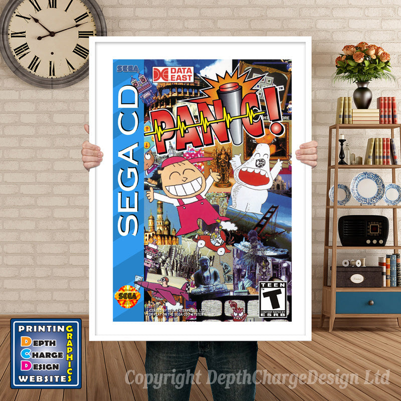 Panic Sega Sega Mega CD Inspired Retro Gaming Poster A4 A3 A2 Or A1 – Panic Sega Mega CD inspired retro gaming poster shown in a white frame