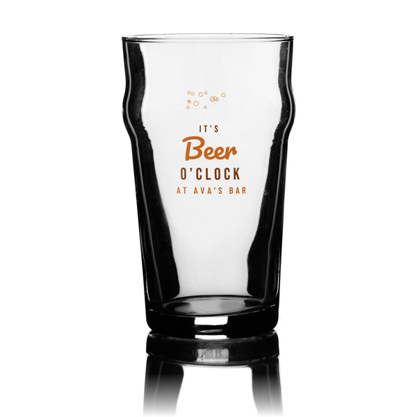Personalised Beer O’Clock pint glass with the retro orange It’s Beer O’Clock design and bar name, UV DTF printed on a clear 20oz nonic pint glass