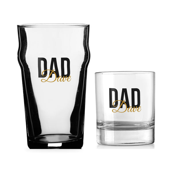 Personalised Dad pint glass and whisky tumbler gift set – bold DAD lettering and a gold script name on both