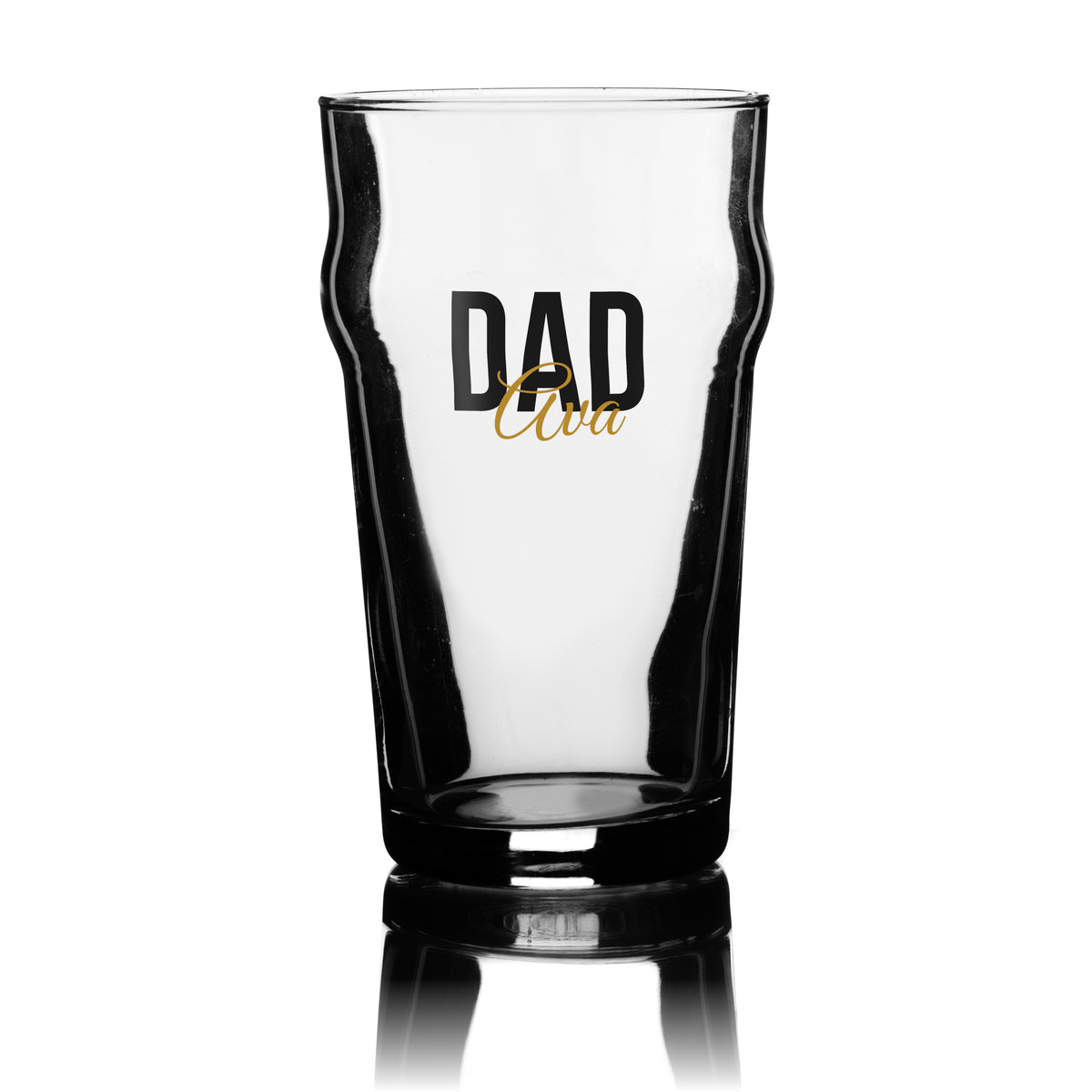 Personalised Dad pint glass with bold black DAD lettering and a gold script name, UV DTF printed on a clear 20oz nonic pint glass