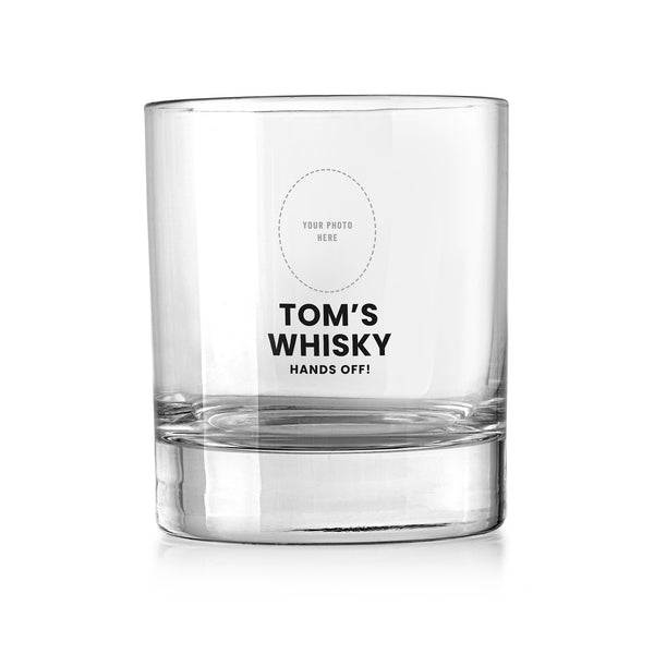 Personalised face photo whisky tumbler – your photo area above the name’s Whisky – Hands Off!, UV DTF print on a clear rocks glass