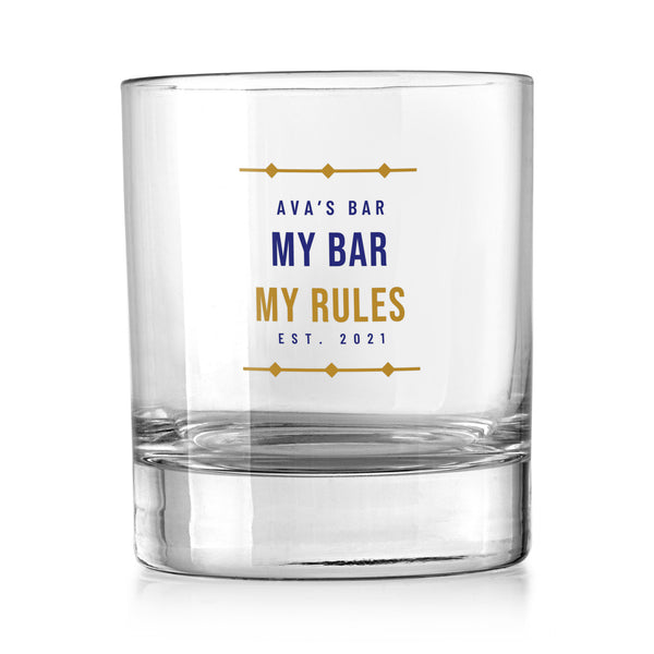 Personalised My Bar My Rules whisky tumbler with Ava’s Bar, My Bar My Rules and Est. 2021 in navy and gold, UV DTF printed on a clear whisky tumbler