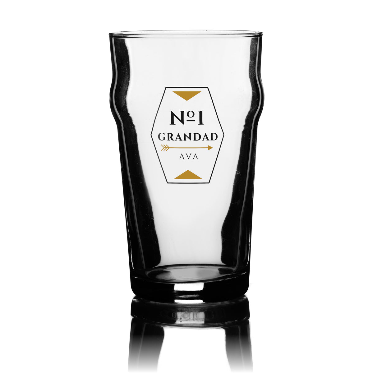 Personalised No.1 Grandad pint glass with a hexagon and arrow No.1 Grandad design and name, UV DTF printed on a clear 20oz nonic pint glass