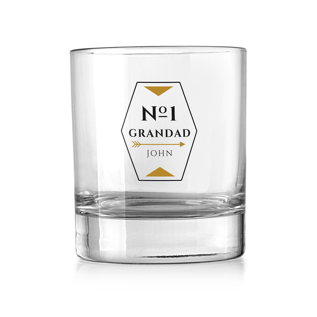 Personalised No.1 Grandad Whisky Tumbler – Hexagon & Arrow Design – Grandad, Dad or Uncle Gift – Personalised No.1 Grandad whisky tumbler – hexagon frame, gold arrow and name, UV DTF print on a clear rocks glass