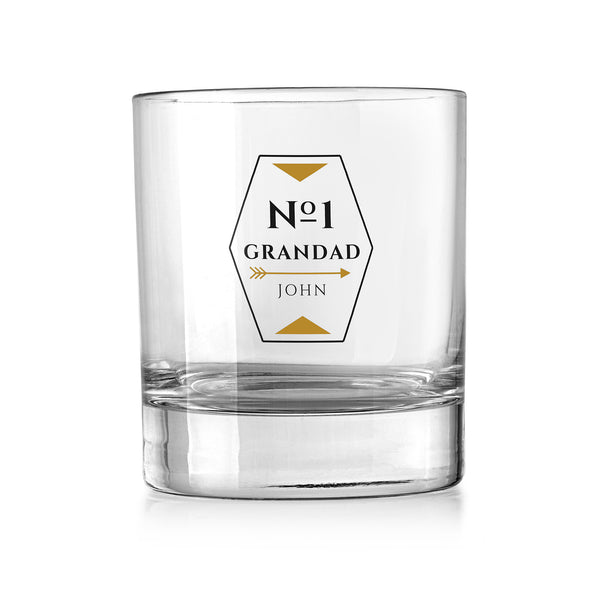 Personalised No.1 Grandad whisky tumbler – hexagon frame, gold arrow and name, UV DTF print on a clear rocks glass