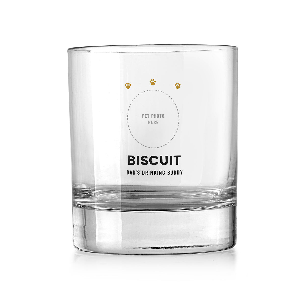 Personalised Pet Photo Whisky Tumbler – Your Dog or Cat’s Face & Name – Dog Lover Gift – Personalised pet photo whisky tumbler – pet photo area with paw prints, the pet’s name and Dad’s Drinking Buddy, UV DTF print on a clear rocks glass