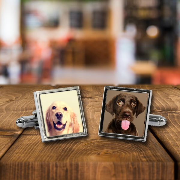 Personalised Photo cufflinks, a chrome square pair on a wooden bar table