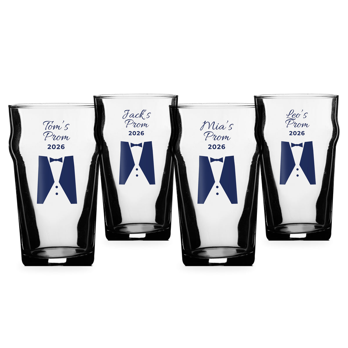 Personalised Prom Pint Glass Group Set – 4, 6 or 8 Glasses – Names & Year – Tuxedo, Braces or Bow Tie Design – Personalised prom pint glass group set of 4 – names and Prom 2026 above a tuxedo design