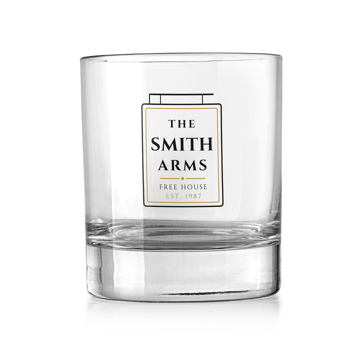 Personalised Pub Whisky Tumbler – “The [Surname] Arms” Pub Sign Design – Home Bar Gift – Personalised pub whisky tumbler – The Smith Arms traditional pub sign design, UV DTF print on a clear rocks glass