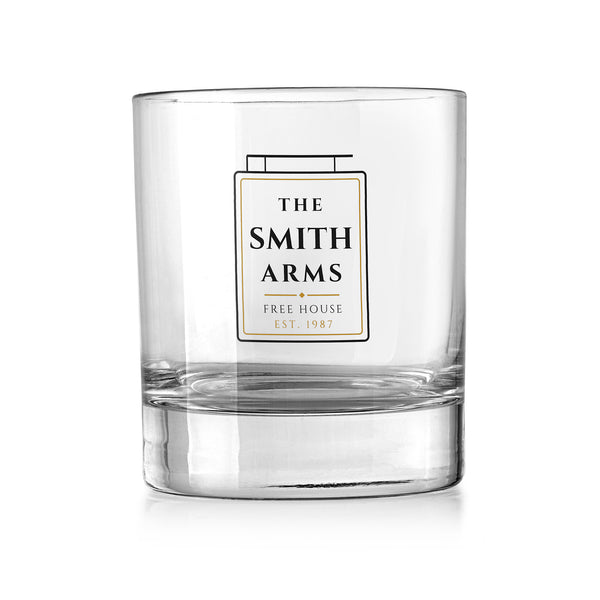 Personalised pub whisky tumbler – The Smith Arms traditional pub sign design, UV DTF print on a clear rocks glass