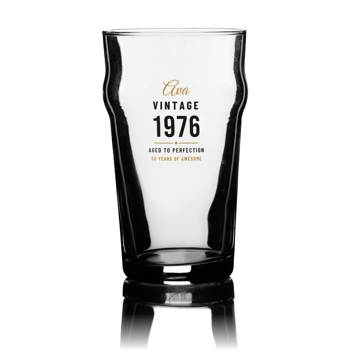 Personalised vintage birthday pint glass with name, year born and Aged to Perfection in a vintage style, UV DTF printed on a clear 20oz nonic pint glass
