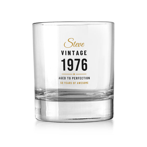 Personalised vintage birthday whisky tumbler – gold script name, VINTAGE 1976 and Aged to Perfection, UV DTF print on a clear rocks glass