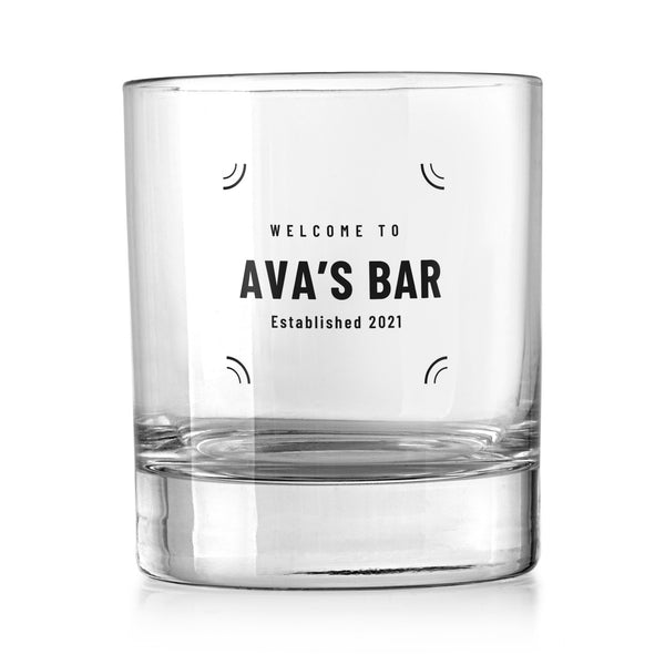 Personalised vintage bar whisky tumbler with a black Welcome to … Established design and corner flourishes, UV DTF printed on a clear whisky tumbler