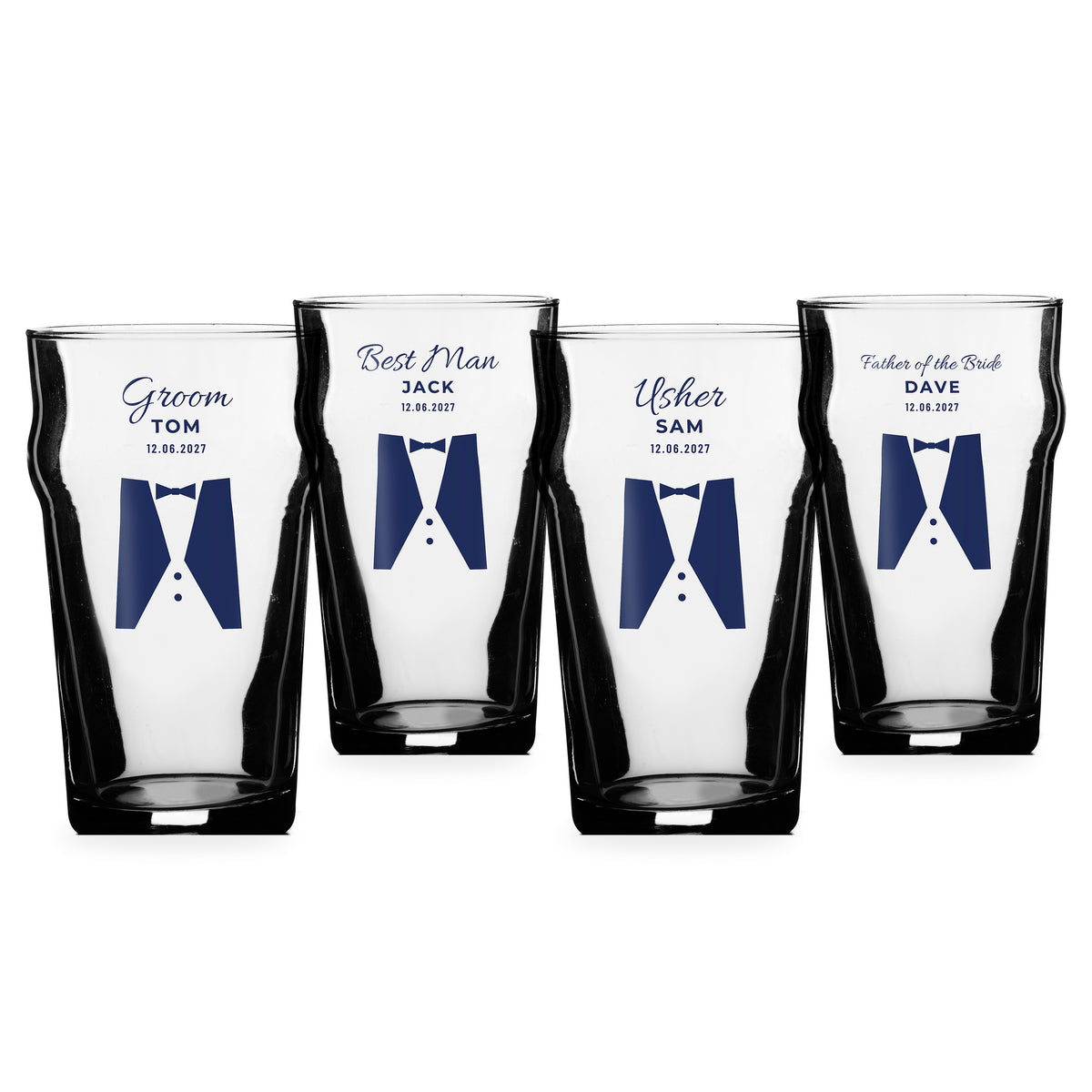 Personalised Wedding Party Pint Glass Set – 4 or 6 Glasses – Groom, Best Man, Ushers & Dads – Tuxedo Design – Personalised wedding party pint glass set of 4 – Groom, Best Man, Usher and Father of the Bride in navy