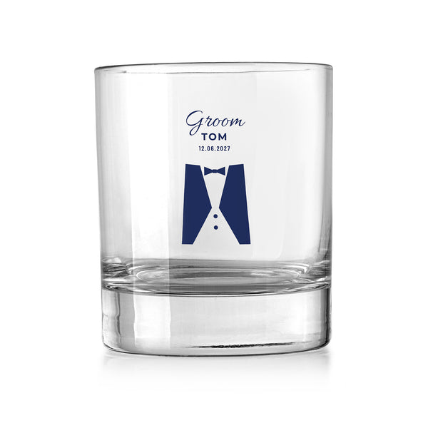 Personalised wedding party whisky tumbler – Groom, name and wedding date above a navy tuxedo, UV DTF print