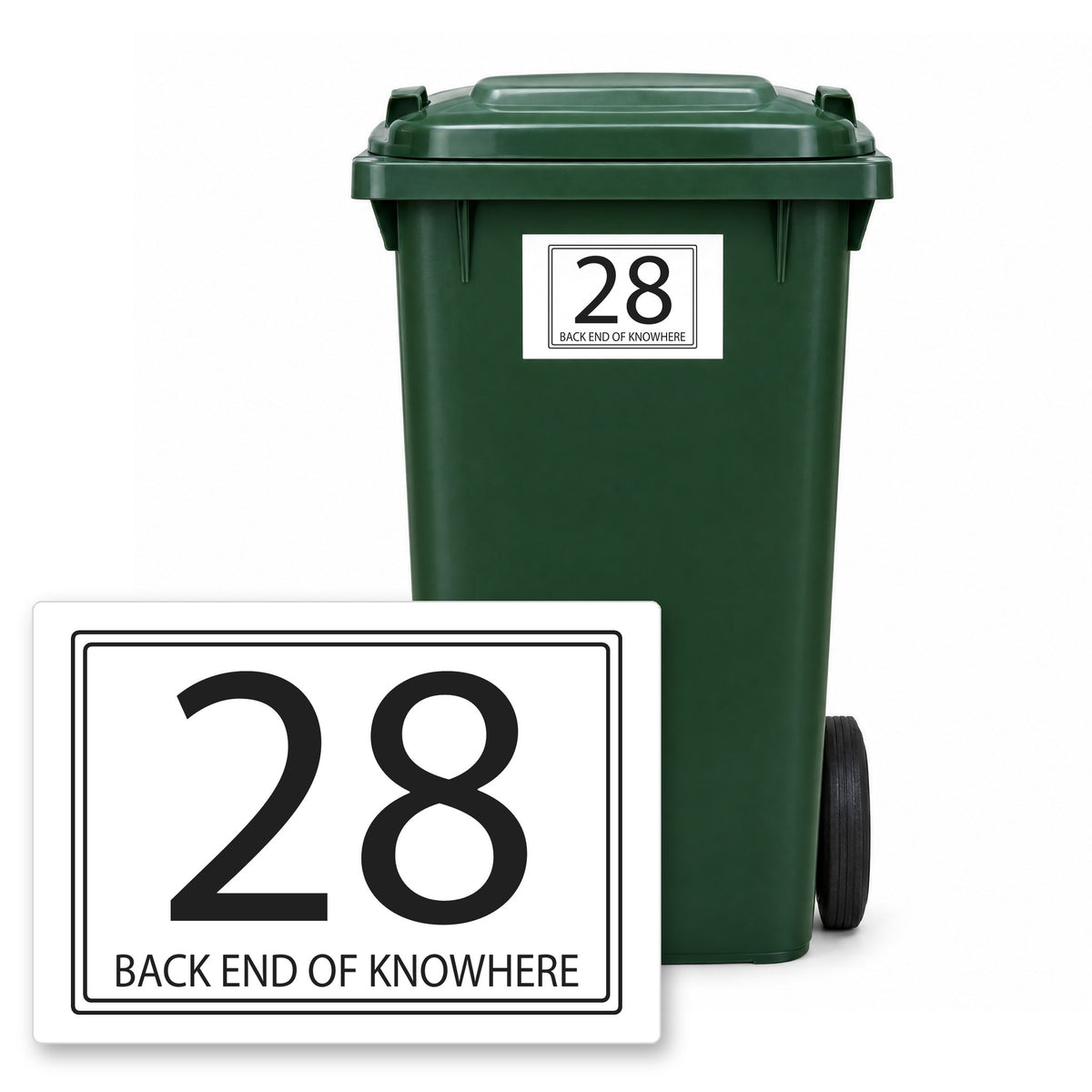 Personalised Wheelie Bin Sticker – Design 1 – Personalised wheelie bin sticker design 1 on a green wheelie bin, with the flat A5 sticker in front