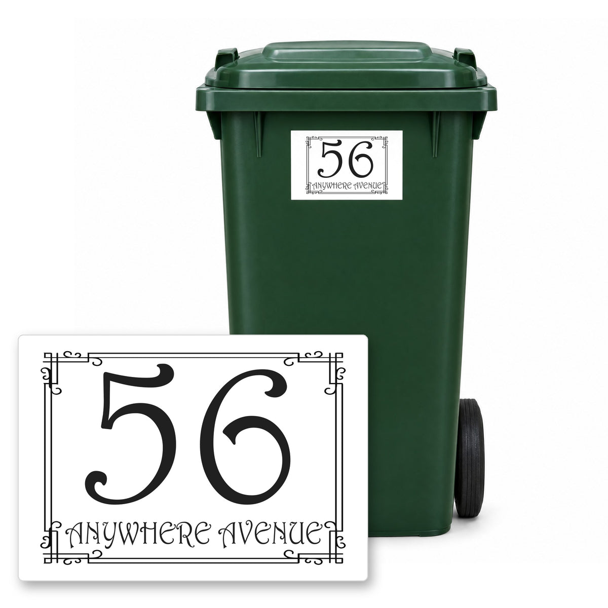 Personalised Wheelie Bin Sticker – Design 12 – Personalised wheelie bin sticker design 12 on a green wheelie bin, with the flat A5 sticker in front