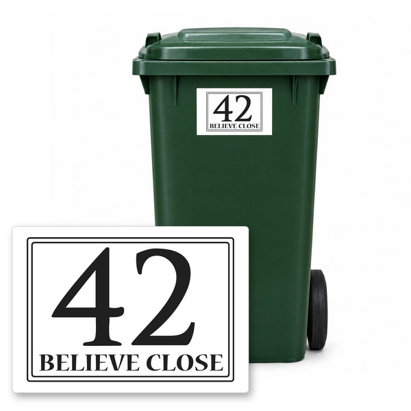 Personalised wheelie bin sticker design 15 on a green wheelie bin, with the flat A5 sticker in front