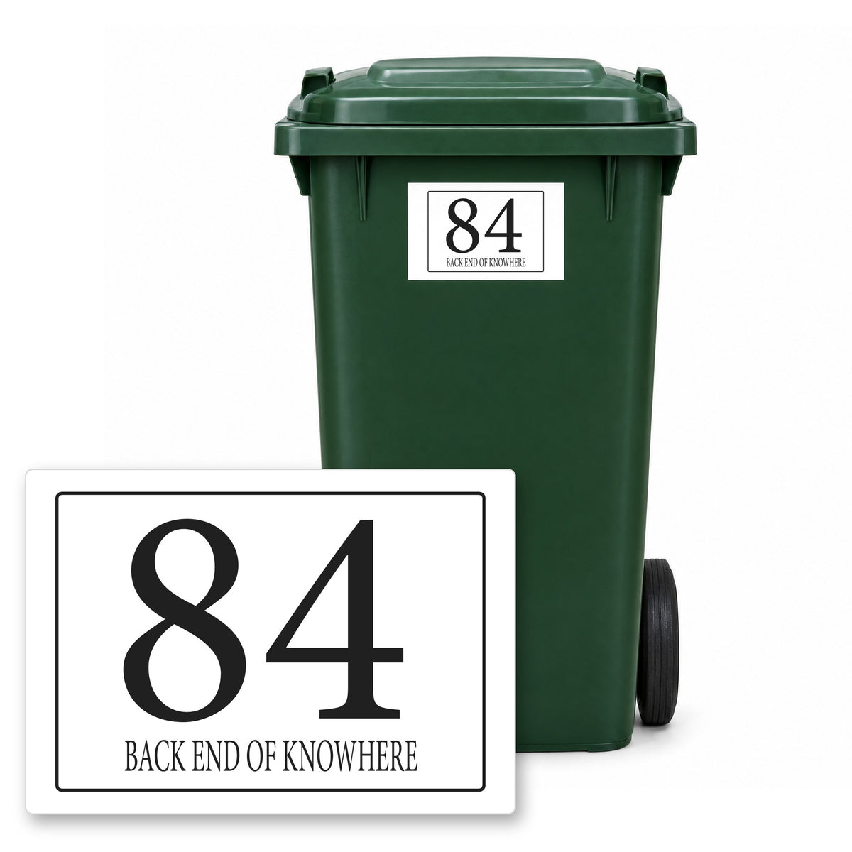 Personalised Wheelie Bin Sticker – Design 21 – Personalised wheelie bin sticker design 21 on a green wheelie bin, with the flat A5 sticker in front