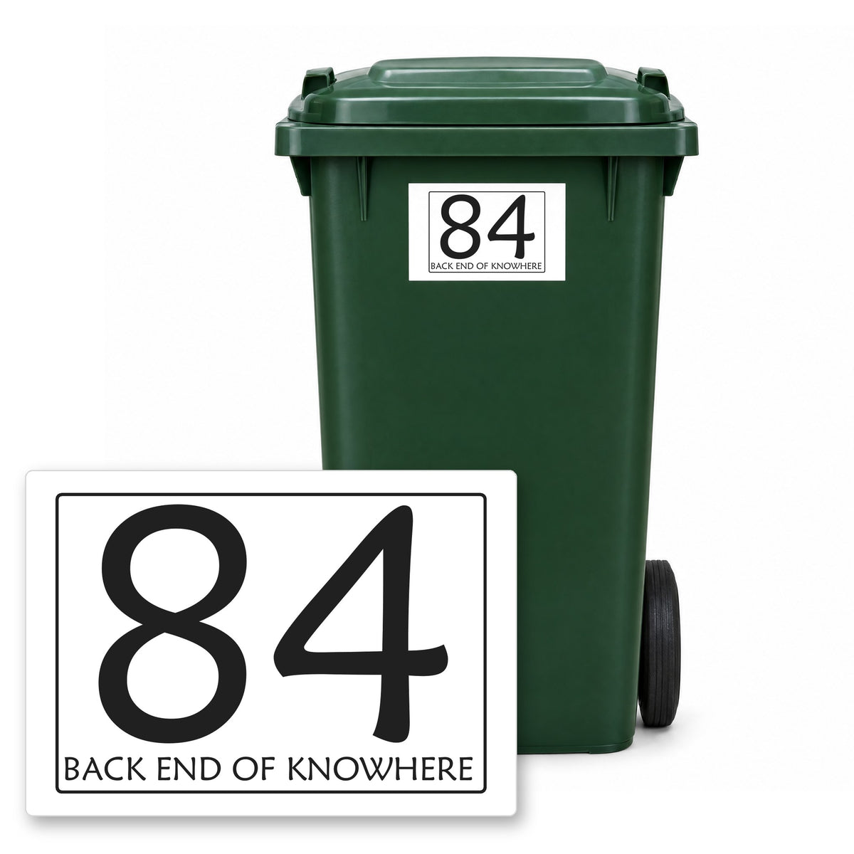 Personalised Wheelie Bin Sticker – Design 22 – Personalised wheelie bin sticker design 22 on a green wheelie bin, with the flat A5 sticker in front
