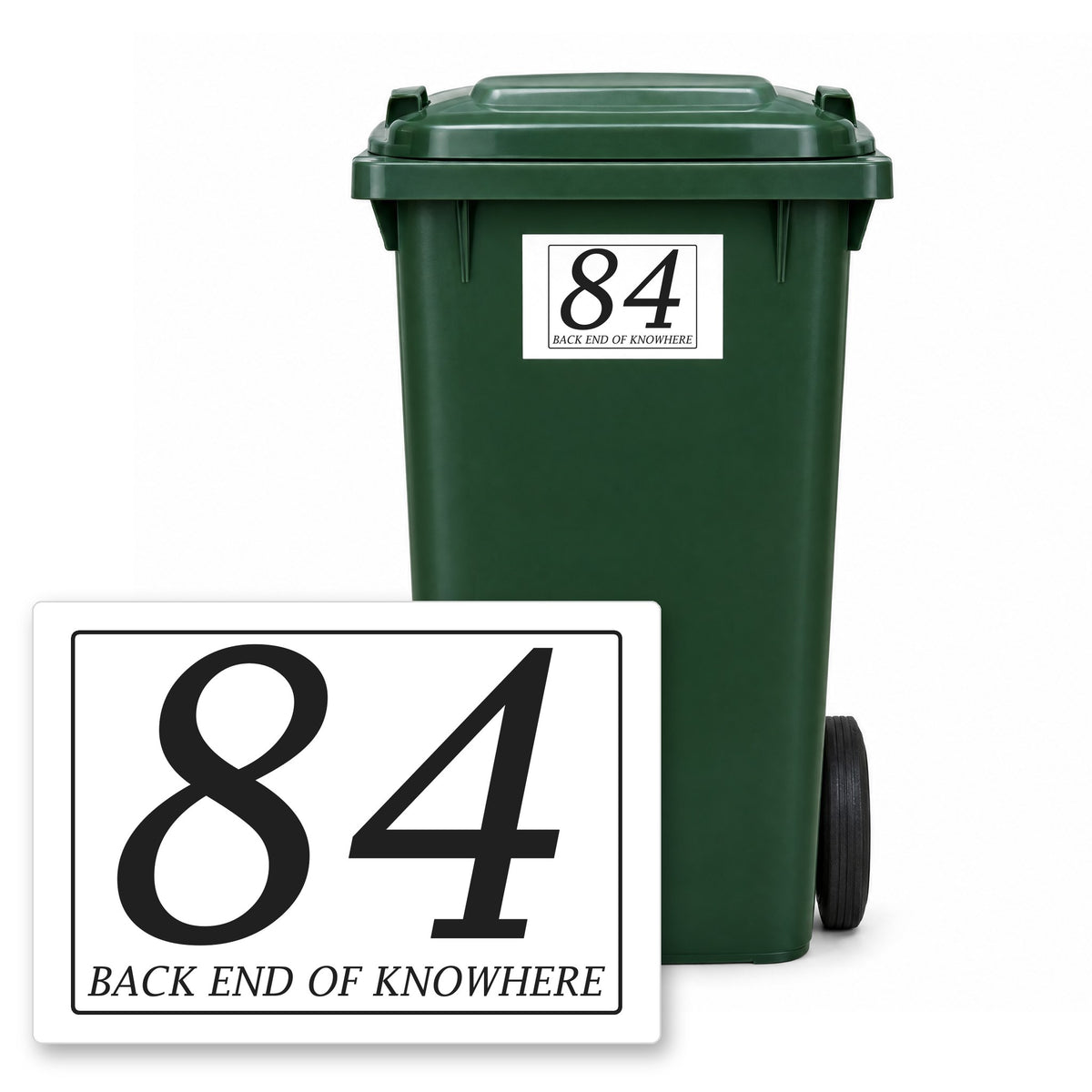 Personalised Wheelie Bin Sticker – Design 23 – Personalised wheelie bin sticker design 23 on a green wheelie bin, with the flat A5 sticker in front