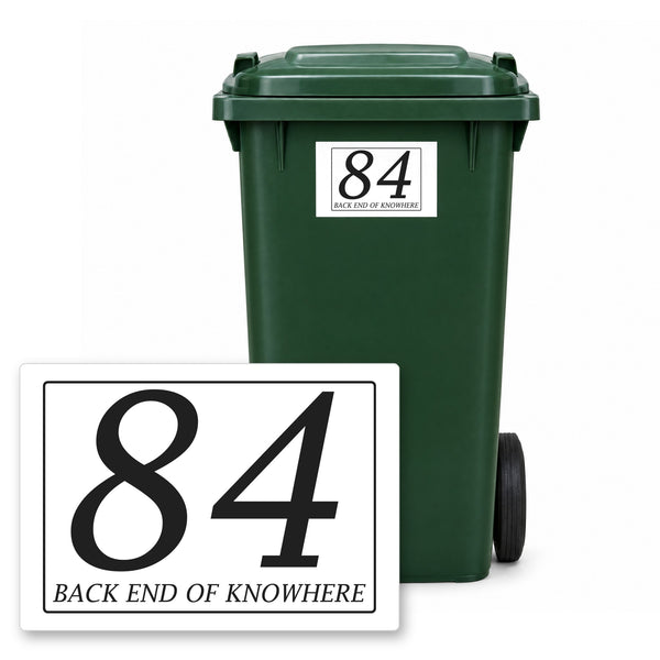 Personalised wheelie bin sticker design 23 on a green wheelie bin, with the flat A5 sticker in front