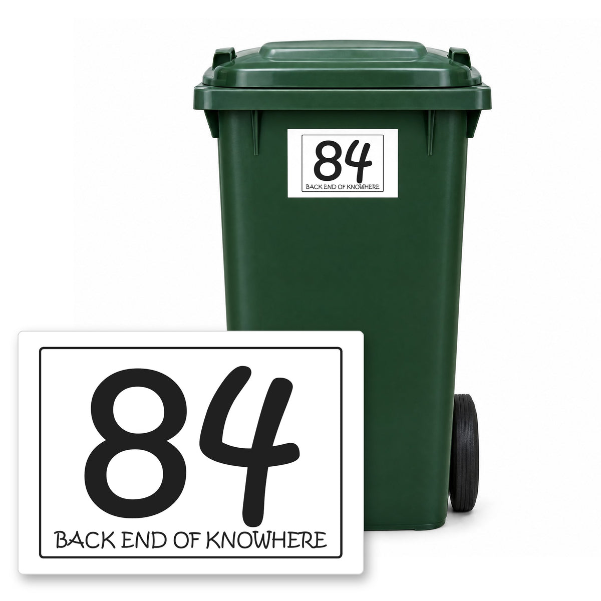 Personalised Wheelie Bin Sticker – Design 24 – Personalised wheelie bin sticker design 24 on a green wheelie bin, with the flat A5 sticker in front