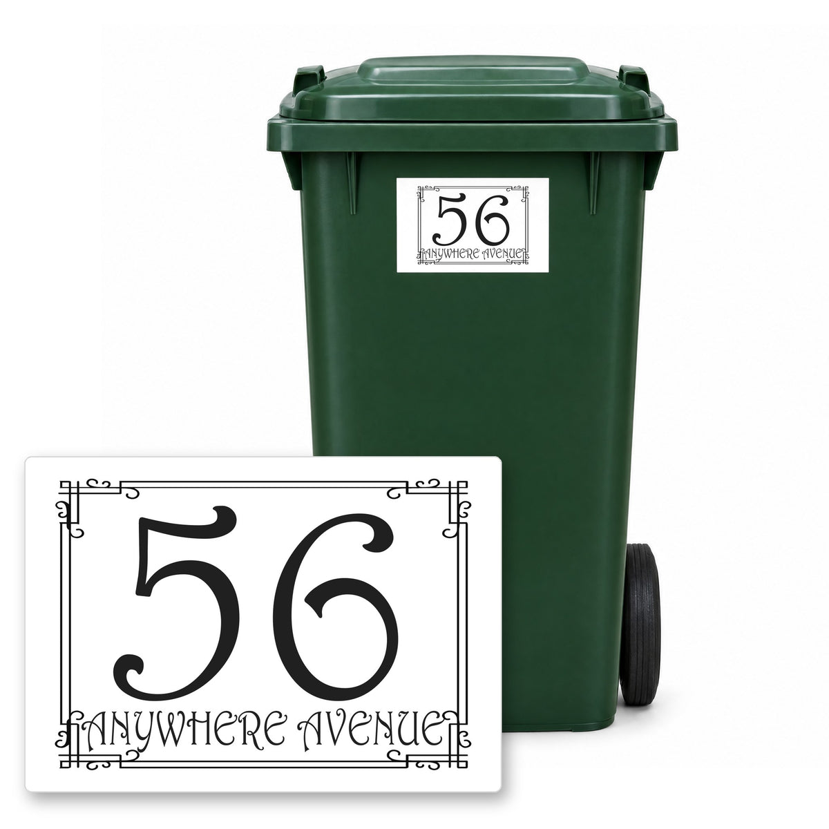 Personalised Wheelie Bin Sticker – Design 25 – Personalised wheelie bin sticker design 25 on a green wheelie bin, with the flat A5 sticker in front