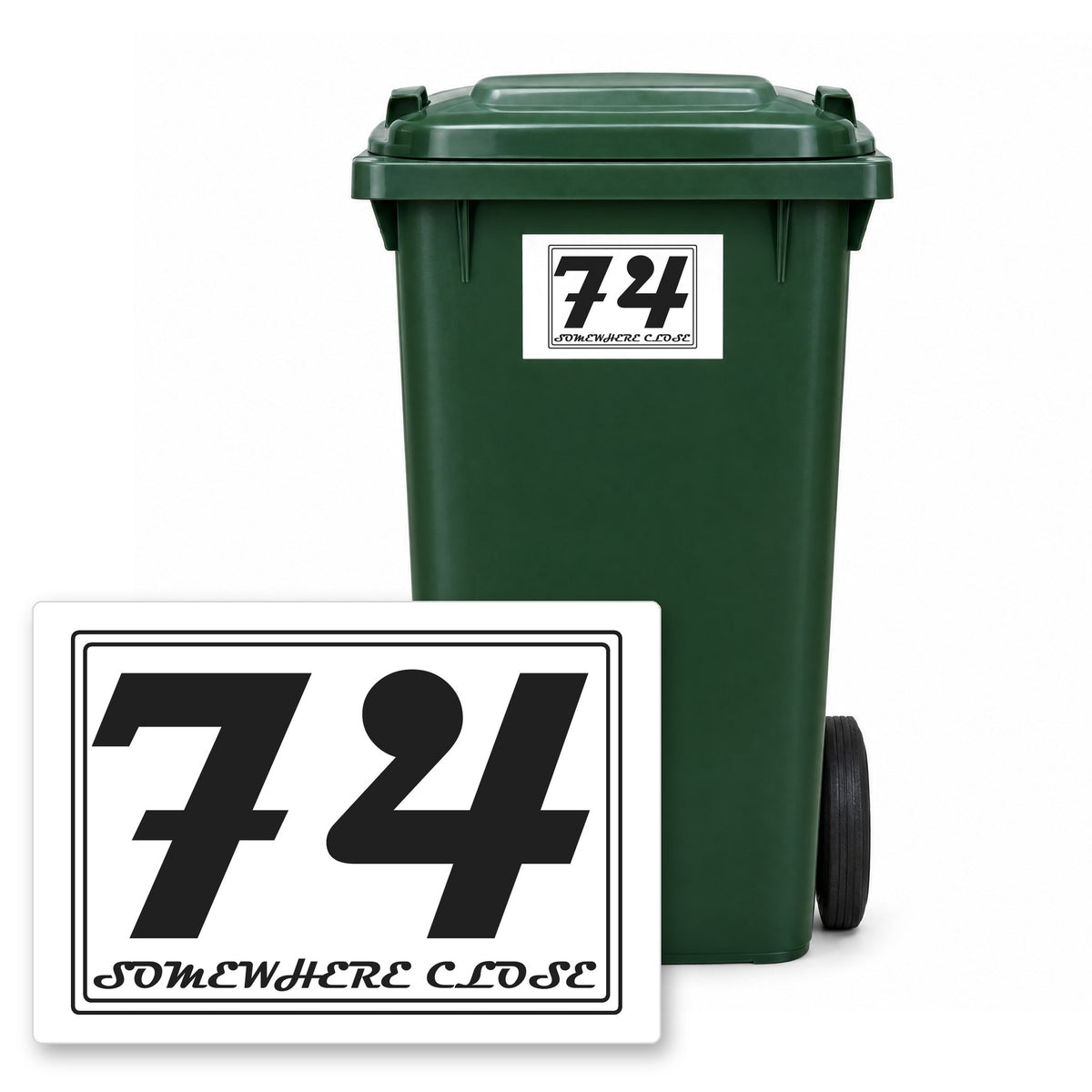Personalised Wheelie Bin Sticker – Design 26 – Personalised wheelie bin sticker design 26 on a green wheelie bin, with the flat A5 sticker in front
