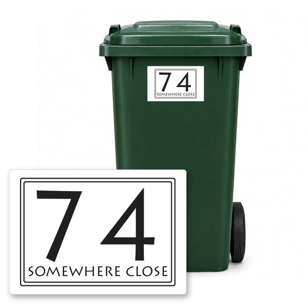 Personalised wheelie bin sticker design 27 on a green wheelie bin, with the flat A5 sticker in front