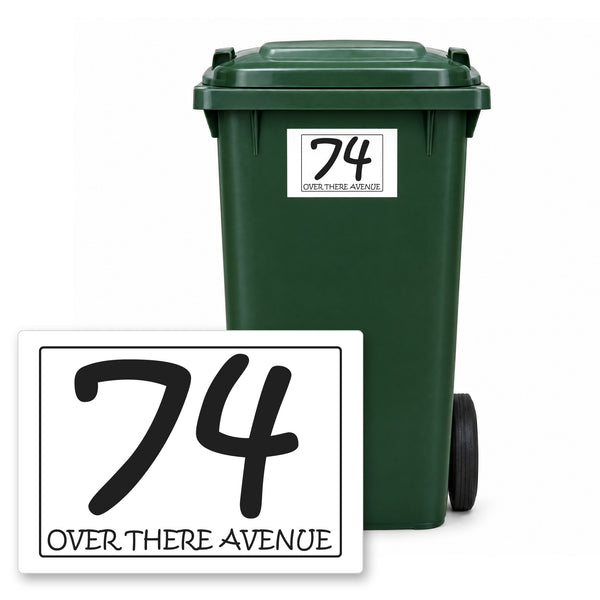 Personalised wheelie bin sticker design 28 on a green wheelie bin, with the flat A5 sticker in front