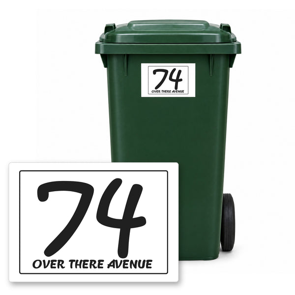 Personalised wheelie bin sticker design 29 on a green wheelie bin, with the flat A5 sticker in front