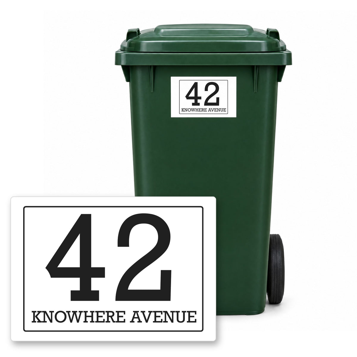 Personalised Wheelie Bin Sticker – Design 3 – Personalised wheelie bin sticker design 3 on a green wheelie bin, with the flat A5 sticker in front