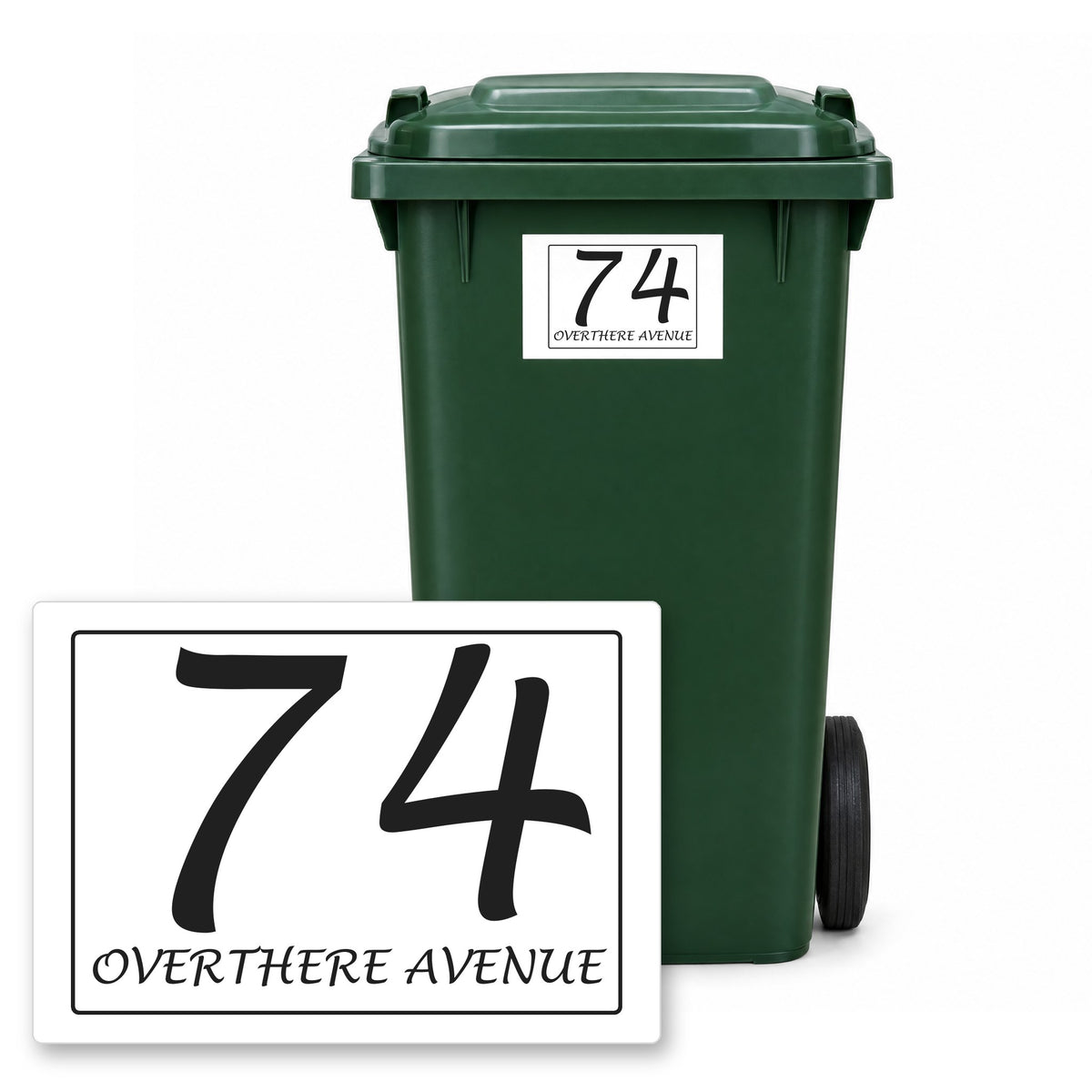 Personalised Wheelie Bin Sticker – Design 30 – Personalised wheelie bin sticker design 30 on a green wheelie bin, with the flat A5 sticker in front