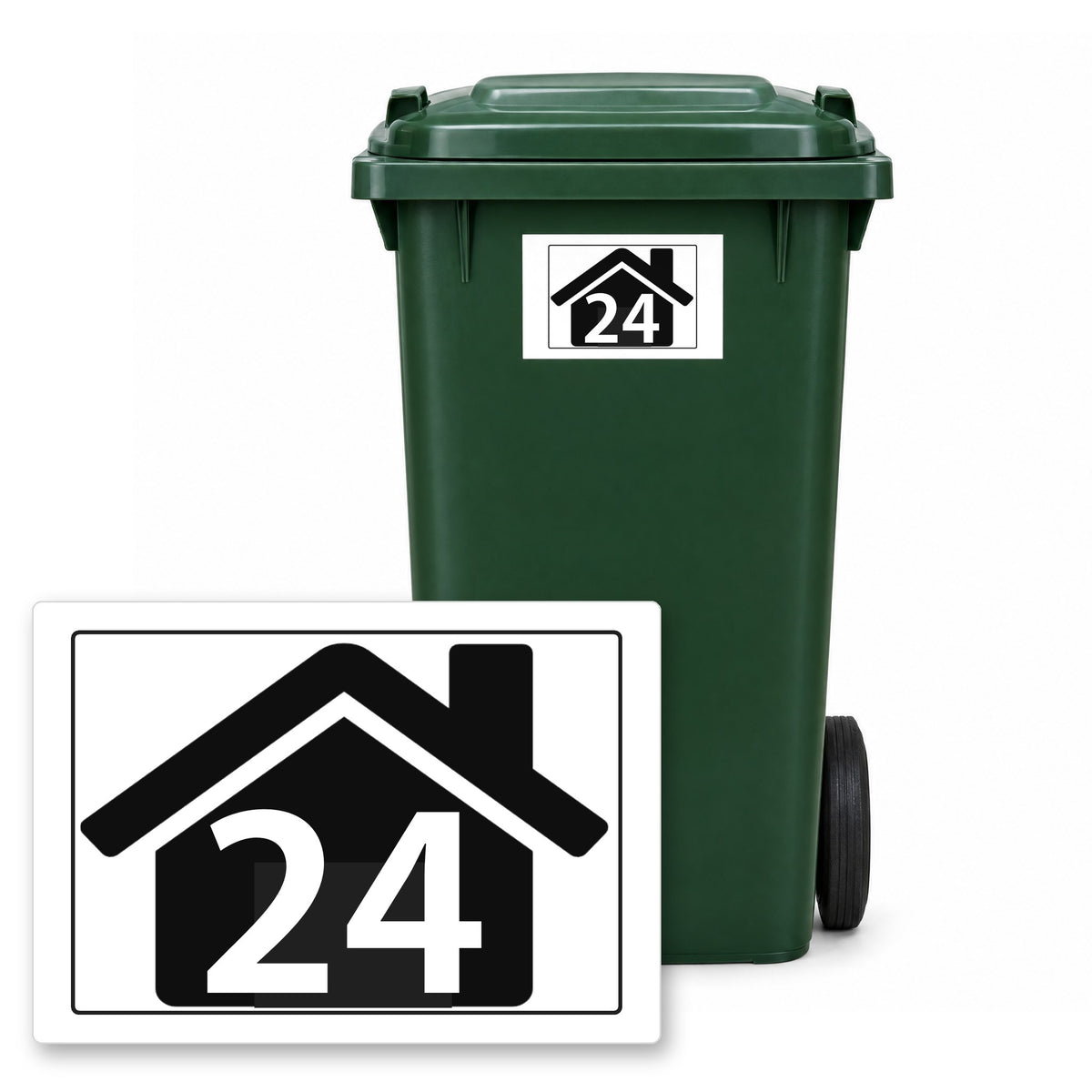 Personalised Wheelie Bin Sticker – Design 5 – Personalised wheelie bin sticker design 5 on a green wheelie bin, with the flat A5 sticker in front