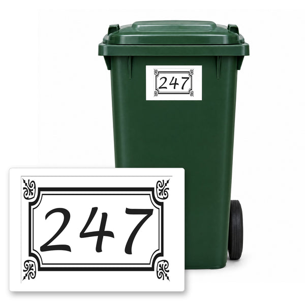 Personalised wheelie bin sticker design 7 on a green wheelie bin, with the flat A5 sticker in front