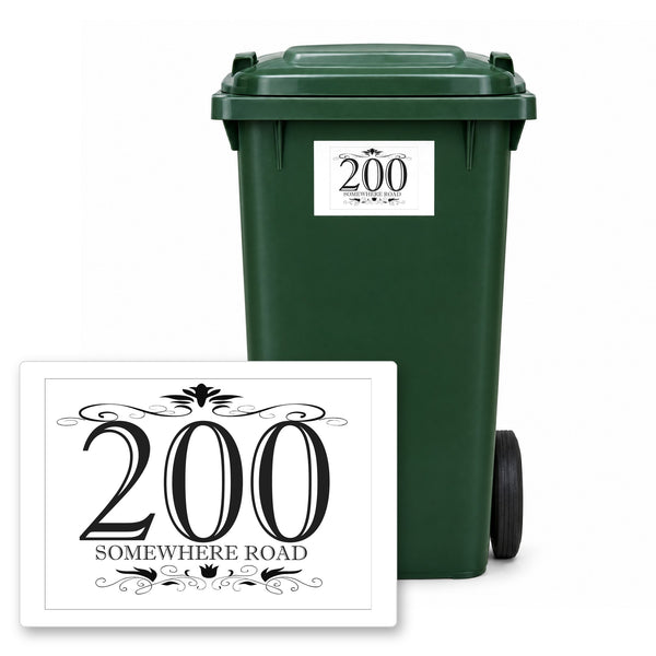 Personalised wheelie bin sticker design 8 on a green wheelie bin, with the flat A5 sticker in front