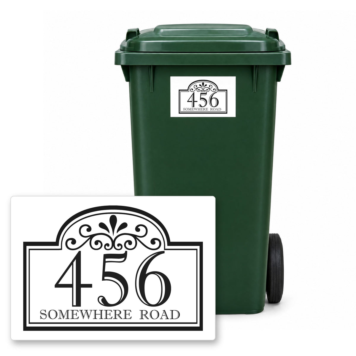 Personalised Wheelie Bin Sticker – Design 9 – Personalised wheelie bin sticker design 9 on a green wheelie bin, with the flat A5 sticker in front