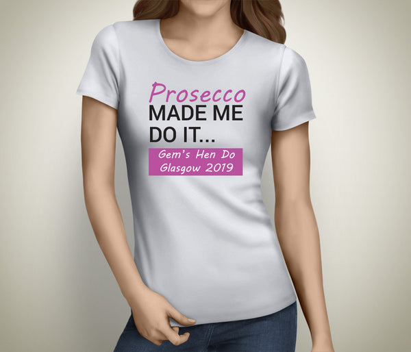 Prosecco hen party t-shirt printed in full colour on a white tee