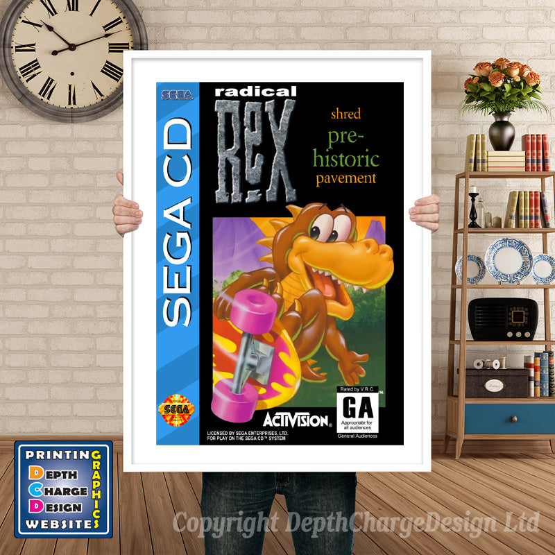 Radical Rex Sega Sega Mega CD Inspired Retro Gaming Poster A4 A3 A2 Or A1 – Radical Rex Sega Mega CD inspired retro gaming poster shown in a white frame