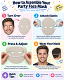 Ready cut party face mask assembly instructions using elastic and round sticky tabs