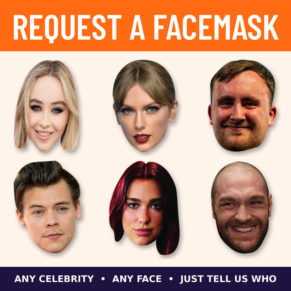 Request a celebrity face mask – six printed card celebrity face masks with the words Request a Facemask